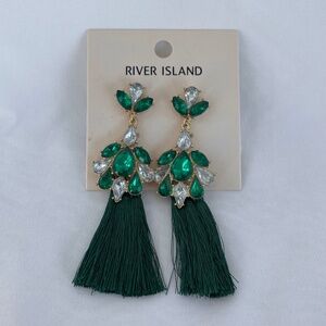 River Island Green Gemstone Tassel Pushback Earrings NWT